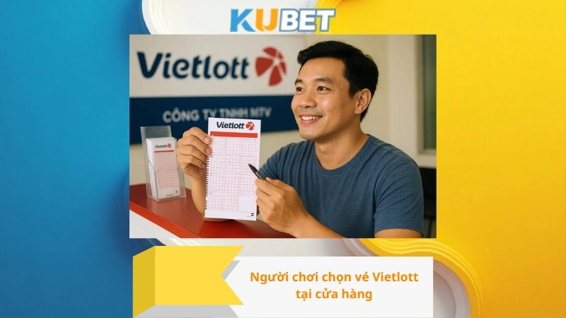Người chơi chọn vé Vietlott tại cửa hàng